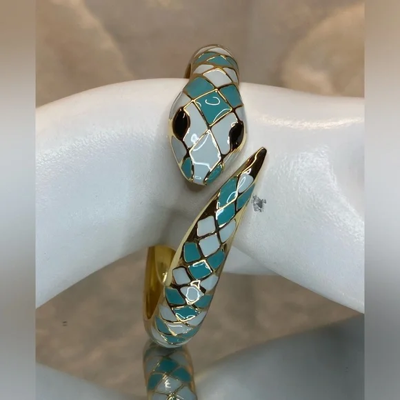 Snake Cuff Bracelet Gold-plated Inlaid Teal & White Enamel Bangle Bracelet sze 8